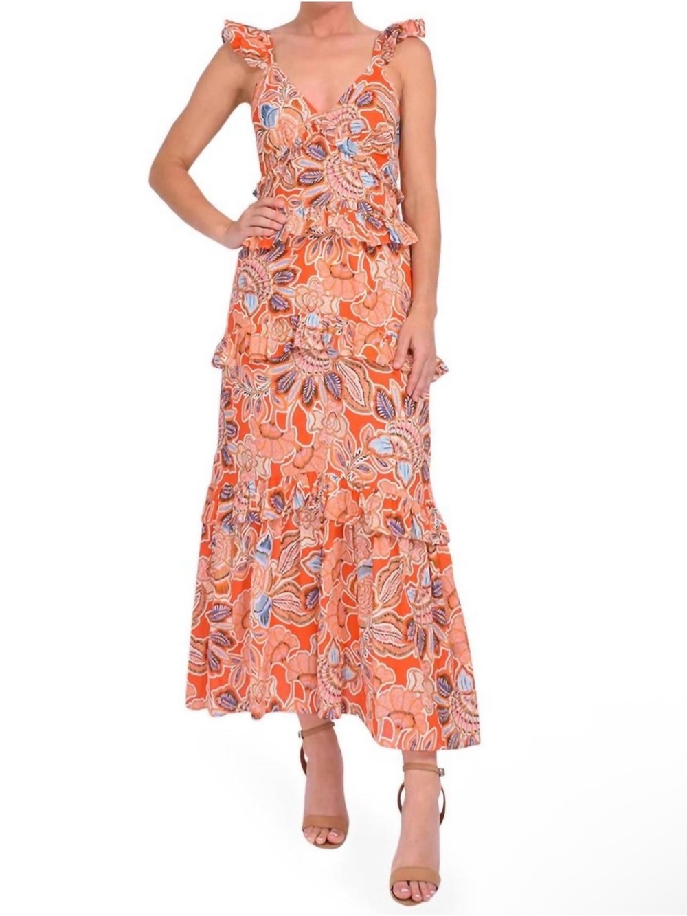 NWT Misa Los Angeles Morrison Maxi Tie Back Maxi Dress Tangerine Floral